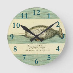Narwhal Antique Whale Watercolor Scientific Art Round Clock