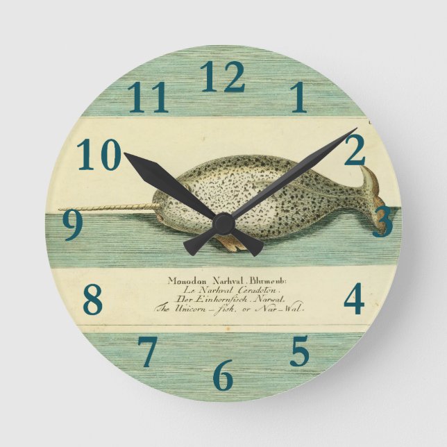 Narwhal Antique Whale Watercolor Scientific Art Round Clock (Front)