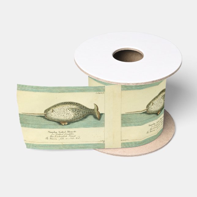 Narwhal Antique Whale Watercolor Scientific Art Satin Ribbon (Spool)