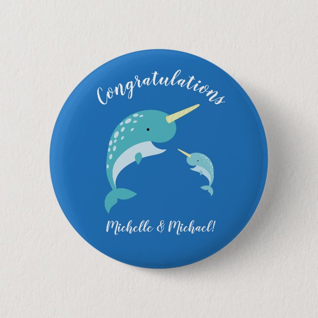 Narwhal Baby Shower Blue Boy Cute Button (Front)
