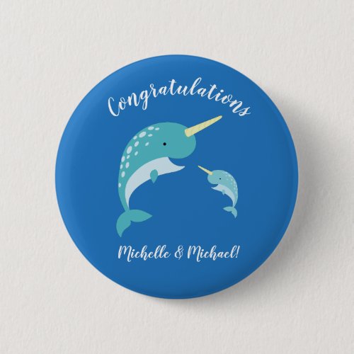 Narwhal Baby Shower Blue Boy Cute Button