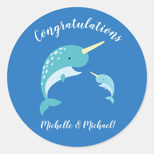 Narwhal Baby Shower Blue Boy Cute Classic Round Sticker (Front)