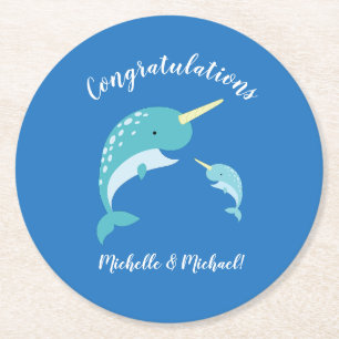 Narwhal Baby Shower Blue Boy Cute Round Paper Coaster