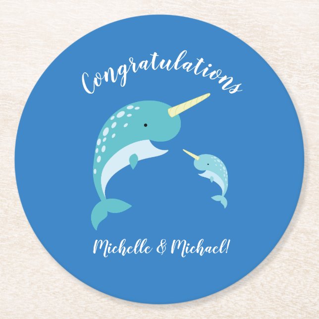Narwhal Baby Shower Blue Boy Cute Round Paper Coaster (Front)