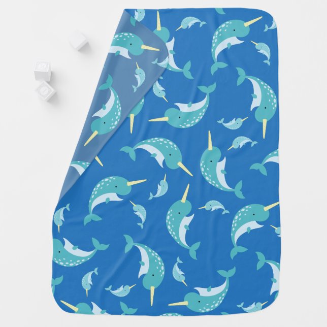 Narwhal Baby Shower Blue Boy Whale Baby Blanket (In Situ)