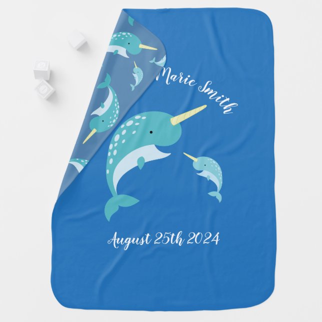 Narwhal Baby Shower Blue Boy Whale Blanket (In Situ)