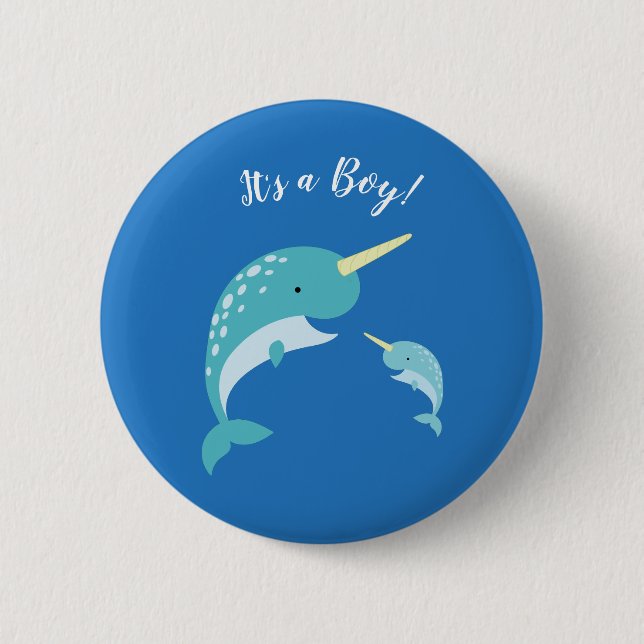 Narwhal Baby Shower Blue Boy Whale Button (Front)