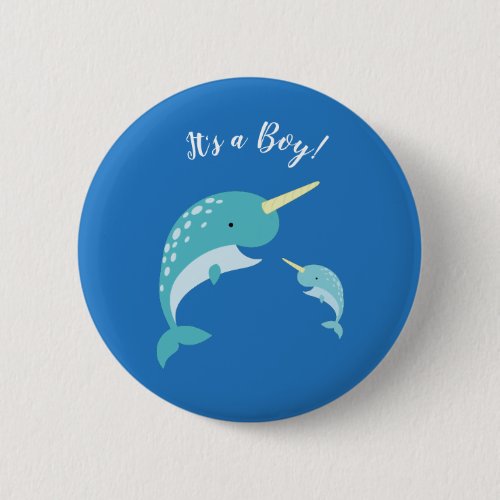 Narwhal Baby Shower Blue Boy Whale Button