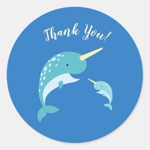 Narwhal Baby Shower Blue Boy Whale Classic Round Sticker