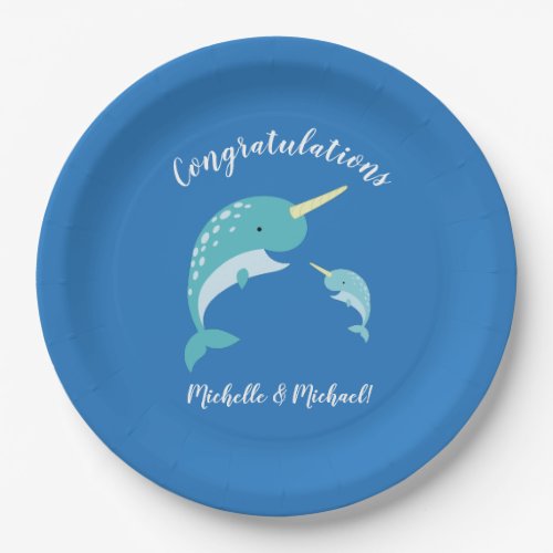 Narwhal Baby Shower Blue Boy Whale Paper Plates