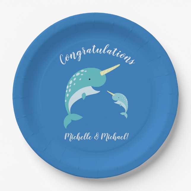 Narwhal Baby Shower Blue Boy Whale Paper Plates (Front)