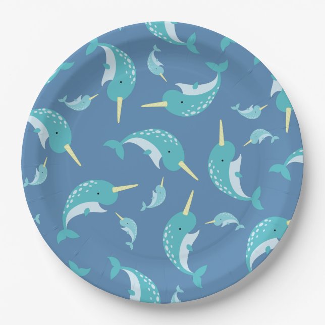 Narwhal Baby Shower Blue Boy Whale Paper Plates (Front)