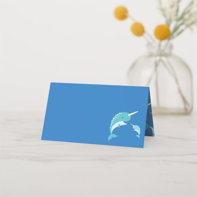 Narwhal Baby Shower Blue Boy Whale Place Card (Front)