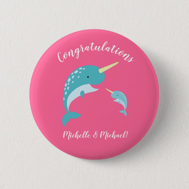 Narwhal Baby Shower Pink Girl Cute Button (Front)
