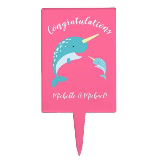 Narwhal Baby Shower Pink Girl Whale Cake Topper (Front)