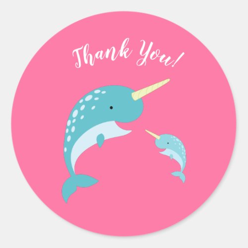 Narwhal Baby Shower Pink Girl Whale Classic Round Sticker