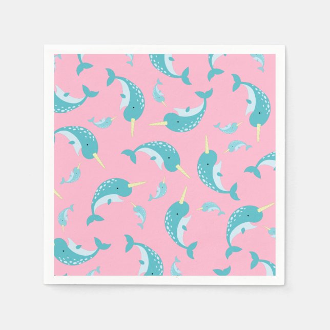 Narwhal Baby Shower Pink Girl Whale Napkins (Front)