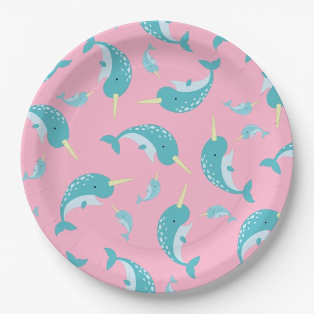 Narwhal Baby Shower Pink Girl Whale Paper Plates (Front)