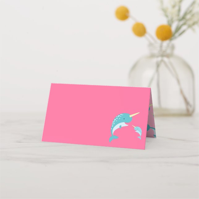 Narwhal Baby Shower Pink Girl Whale Place Card (Front)