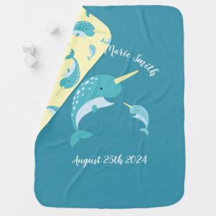 Narwhal Baby Shower Yellow Gender Neutral Whale Baby Blanket