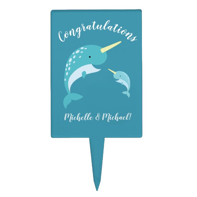 Narwhal Baby Shower Yellow Gender Neutral Whale Cake Topper (Front)