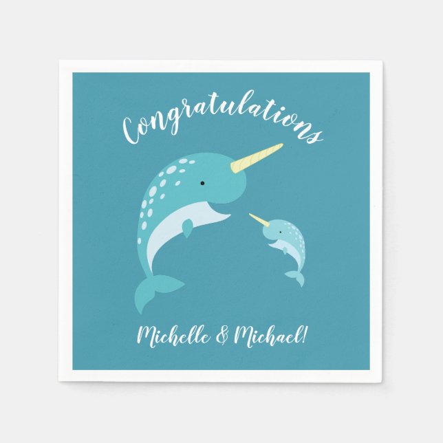 Narwhal Baby Shower Yellow Gender Neutral Whale Napkins (Front)