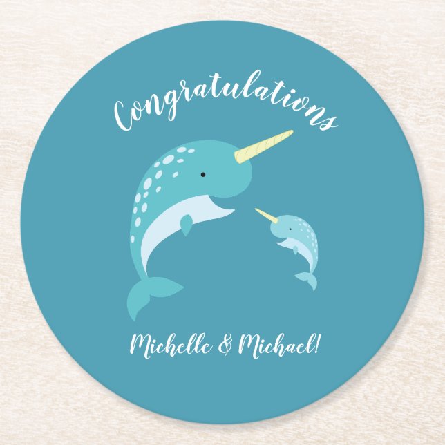 Narwhal Baby Shower Yellow Gender Neutral Whale Round Paper Coaster (Front)