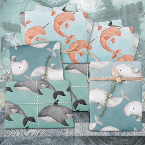 Narwhal Beluga Whales Under The Deep Blue Ocean Wrapping Paper Sheets