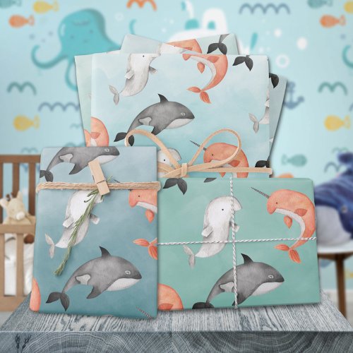 Narwhal Beluga Whales Under The Deep Blue Sea Wrapping Paper Sheets