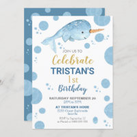 Narwhal Birthday Invitation Boy 1st Birthday