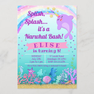 Narwhal Birthday Invitation, Narwhal Pool Party Invitation