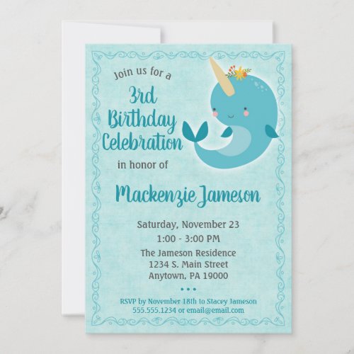 Narwhal Birthday Invitation Unicorn Whale