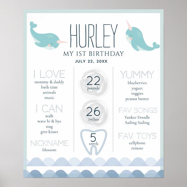 Narwhal Blue 1st Birthday Milestone Poster (Front)