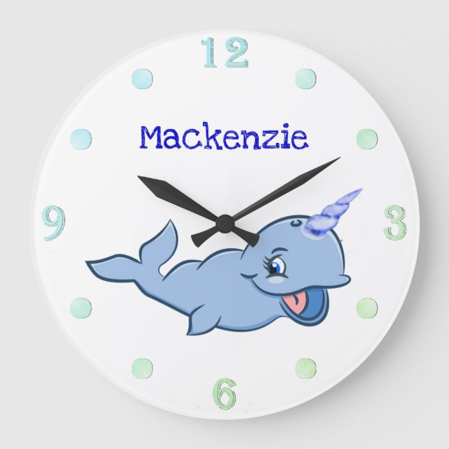 Narwhal Blue | Adorable Baby Kawaii Custom Ocean Large Clock (Front)