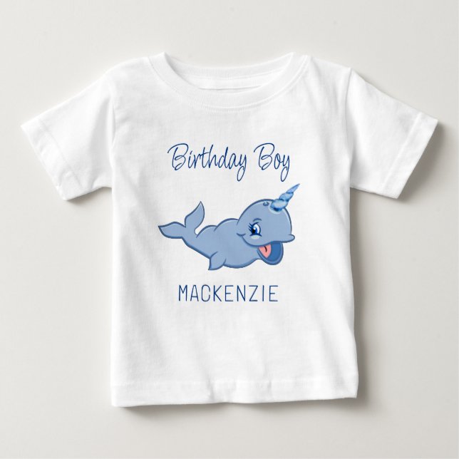Narwhal Blue | Adorable Baby Kawaii First Birthday Baby T-Shirt (Front)