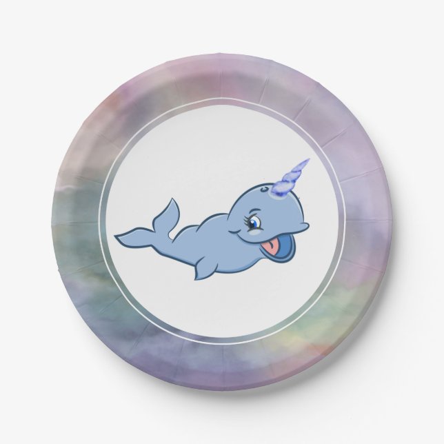Narwhal Blue | Adorable Baby Kawaii Ocean Shower Paper Plates (Front)