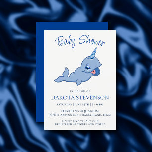 Narwhal Blue Adorable Kawaii Baby Boy Shower Invitation