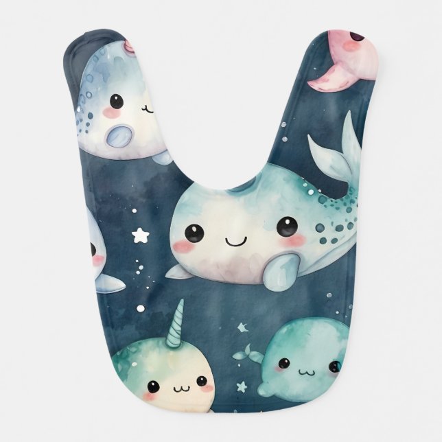Narwhal Blue Stars Print  Baby Bib (Front)