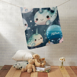 Narwhal Blue Stars Print Baby Blanket