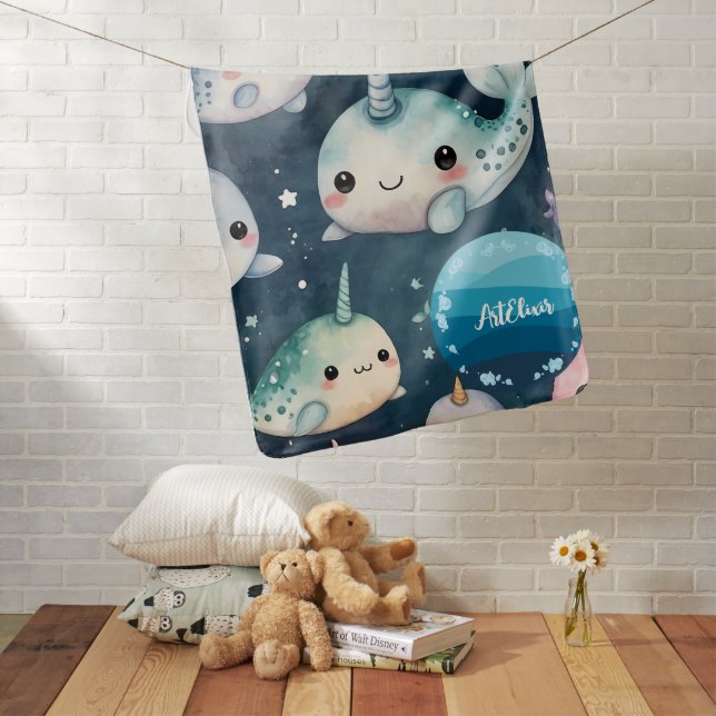 Narwhal Blue Stars Print Baby Blanket (In Situ)