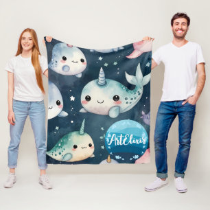 Narwhal Blue Stars Print Fleece Blanket