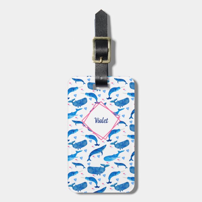 Narwhal Blue Whale & Heart Pattern Personalized Luggage Tag (Front Vertical)