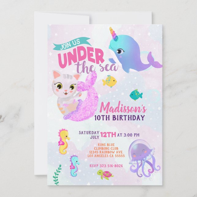 Narwhal Cat Mermaid Purrmaids Birthday Invitation (Front)