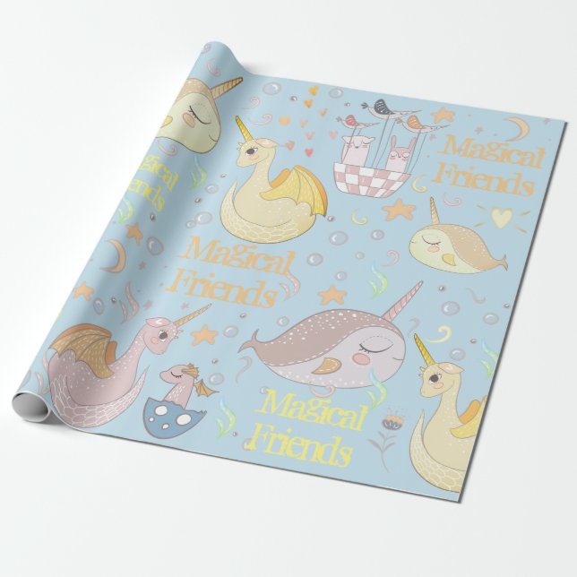Narwhal, Dragon Pastel Baby Blue Personalized Wrapping Paper (Unrolled)