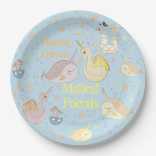 Narwhal, Dragon Pastel Blue Personalized Baby Blue Paper Plates
