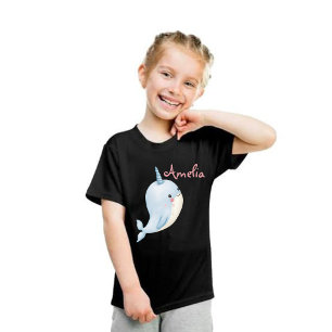 Narwhal Girl Birthday Add Name Personalized Black T-Shirt