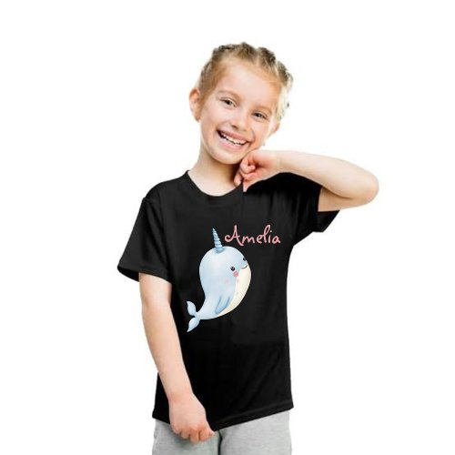 Narwhal Girl Birthday Add Name Personalized Black T_Shirt