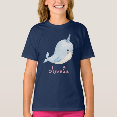 Narwhal Girl Birthday Add Name Personalized Navy T_Shirt