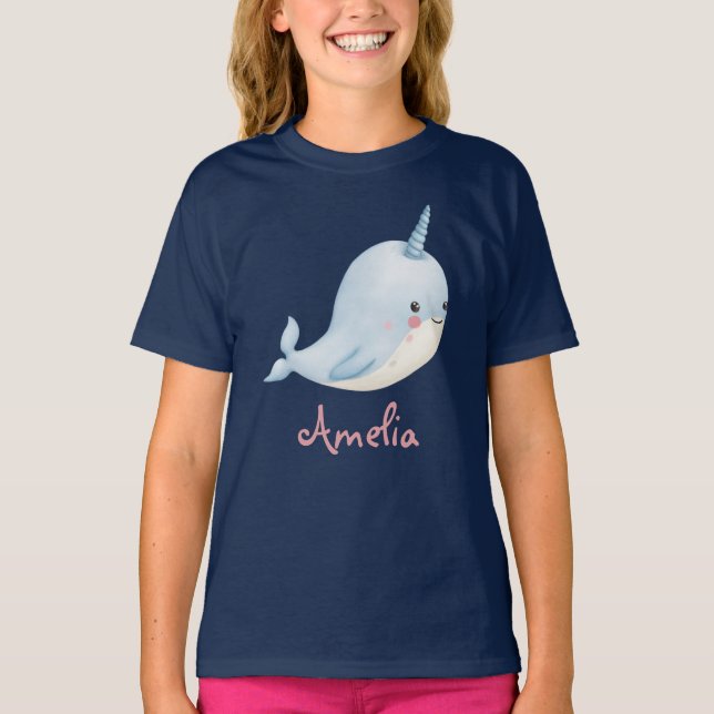 Narwhal Girl Birthday Add Name Personalized Navy T-Shirt (Front)