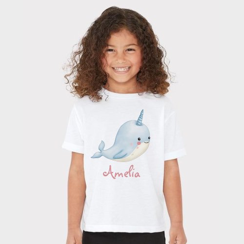 Narwhal Girl Birthday Add Name Personalized White T_Shirt